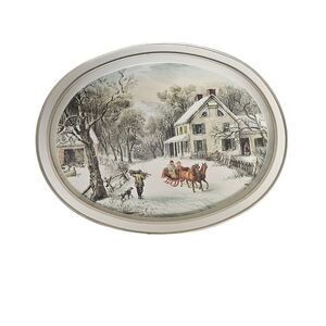 Vintage Currier & Ives The American Homestead Winter of 1868 Oval Tin Tray